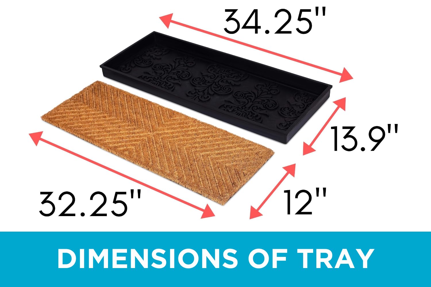 BIRDROCK HOME Rubber Boot & Shoe Tray | Coir Insert | 34" x 14" | Waterproof Shoe Tray for entryway | Embossed Pattern