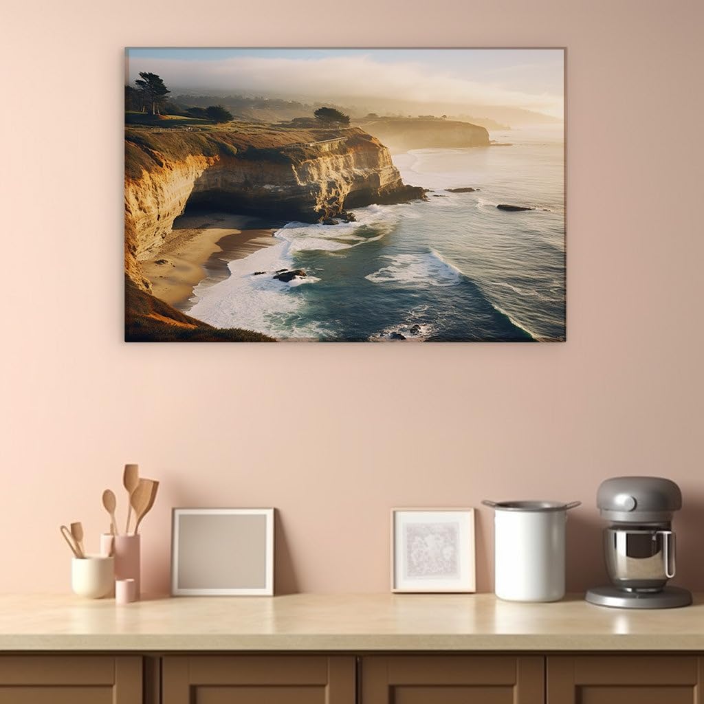 Canvas for Living room. Golden Cliffs and Serene Shores Embracing the Sunset Hues, 27 x 18 inch Canvas Wall Art - Contemporary Masterpieces - Modern Home Decor - 69x46 cm (27x18 inch)