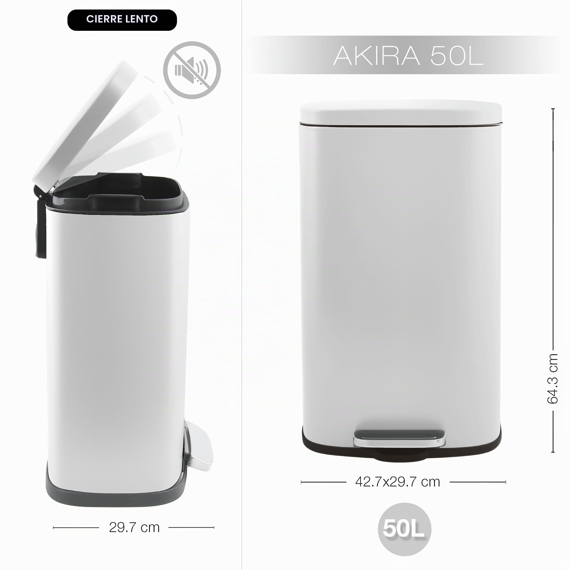 Spirella - Cubo de Basura con Pedal de Acero Modelo Modelo Akira - Diseño Moderno Rectangular con Acabado Antihuellas - Cierre Lento y Silencioso - Blanco Mate - 50L