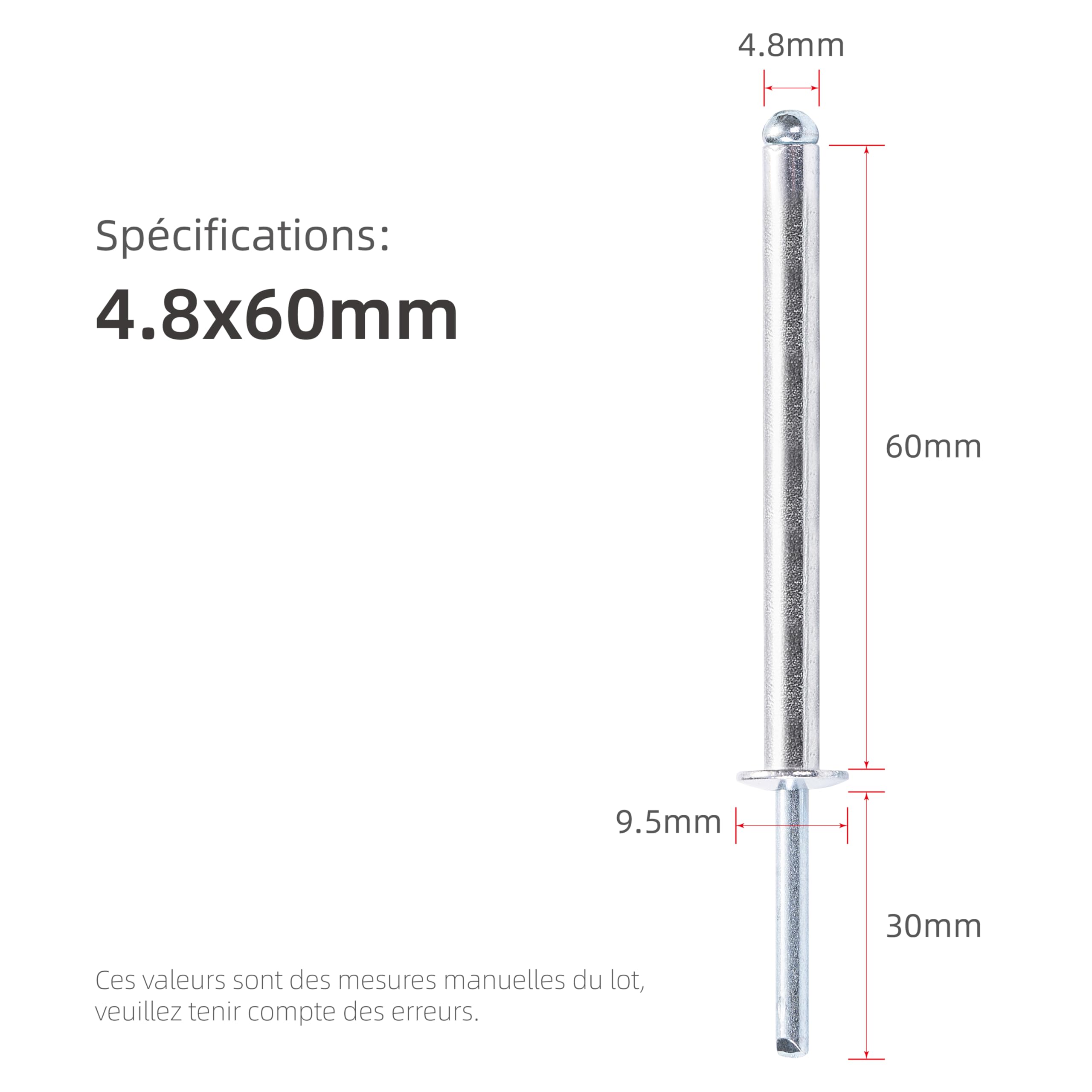 Blindnieten aus Aluminium extra lang, kuppelförmiger Kopf, Stahlschaft – DIN 7337 A – Für dicke Bleche (Ø4,8x60mm - 50 Stück)