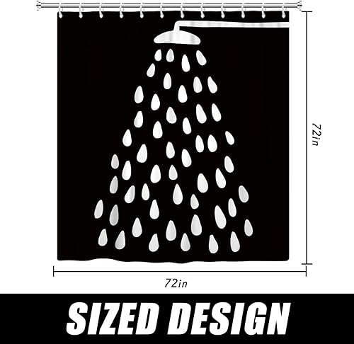 Miniatura 8 de Cortina de ducha en blanco y negro, divertido cabezal de ducha y gotas de agua, cortinas de ducha para baño, lavable a máquina, cortina de tela de