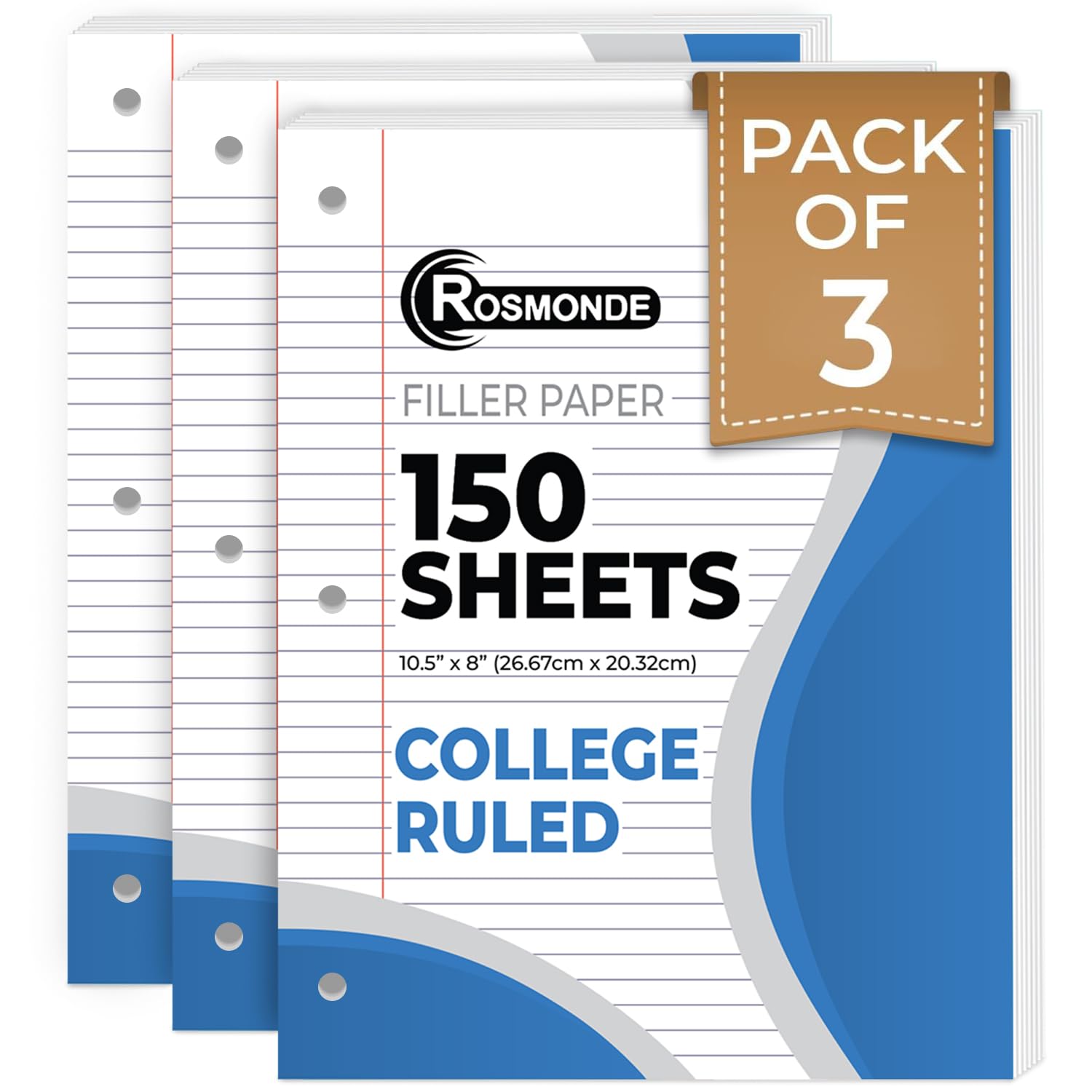 Rosmonde Loose Leaf Paper, 450 Sheets, 3 Pack, College Ruled Paper, 8" x 10.5", Bulk Office Filler Paper, 3 Hole Punched, 150 Sheets/Pack, 56 gsm Paper, College Ruled Notebook Paper for Binder, White