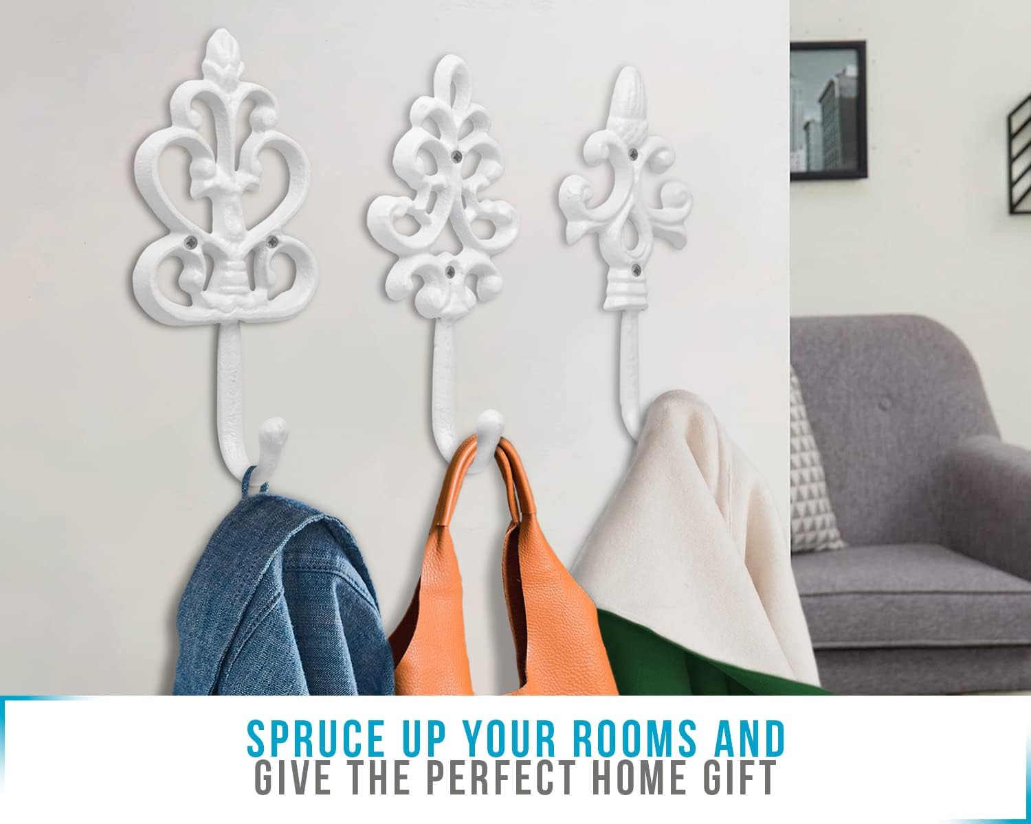 Comfify Shabby Chic Cast Iron Decorative Wall Mounted Hooks - White - Antique - French Country Charm - Large Decorative Hanging Hooks - Set of 3 - Screws and Anchors for Mounting Included