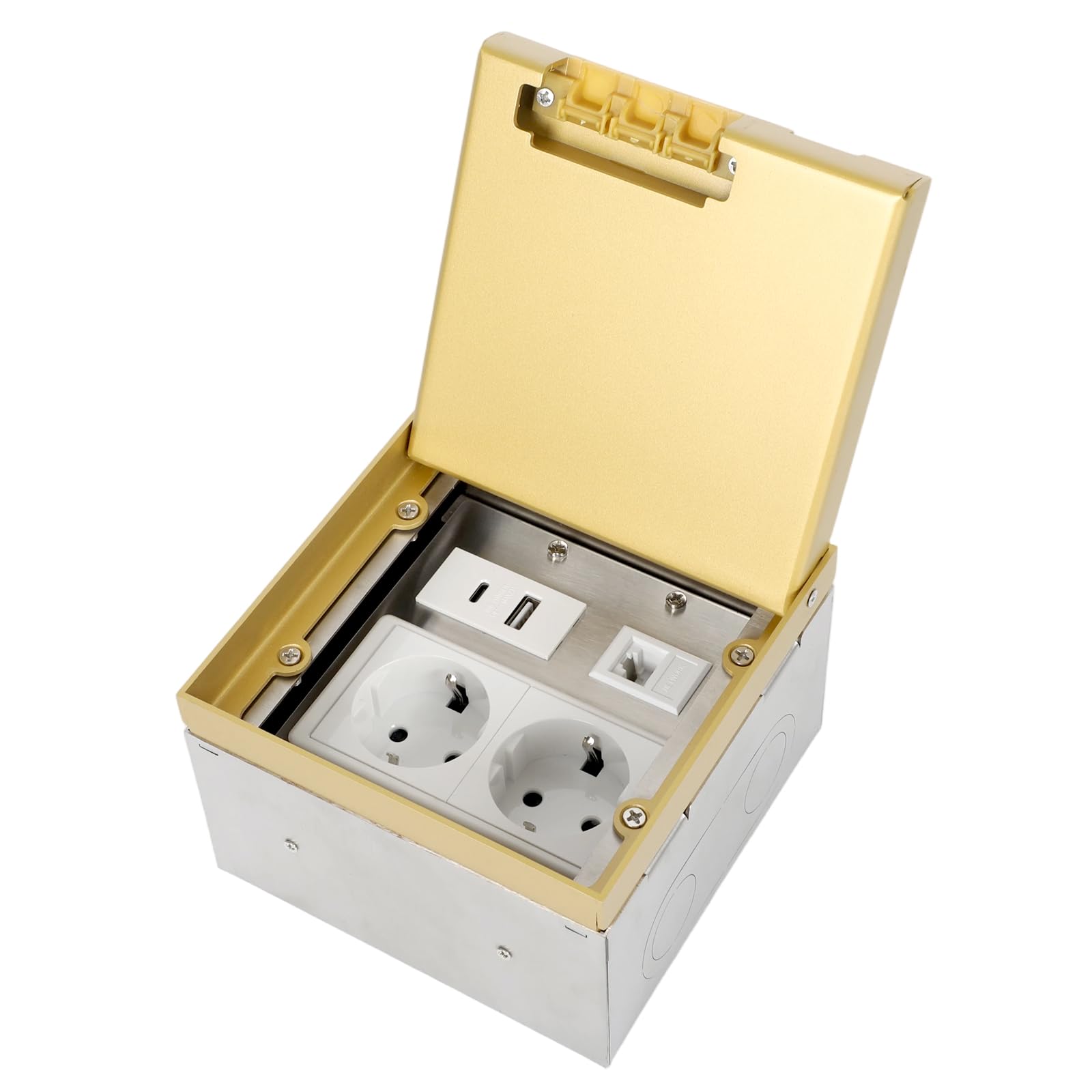 Wpuszczone niewidoczne gniazdo podłogowe, wpuszczane gniazdko ze stali nierdzewnej, 2 AC+1 USB A+1 USBC + 1CAT6, uniwersalne gniazdo wtykowe do zabudowy w ziemi z pokrywką, do biura, domu, wodoodporne