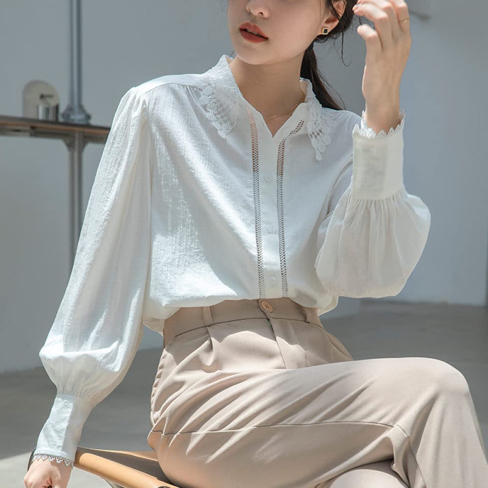 MIDJ Damenhemden,Elegante Damen Spitze Tops Shirt Weiß Satin Tunika Shirt Puff Langarm Chiffon Bluse Shirt Sommerjacke Casual Office Business Bluse Für Mädchen Damen