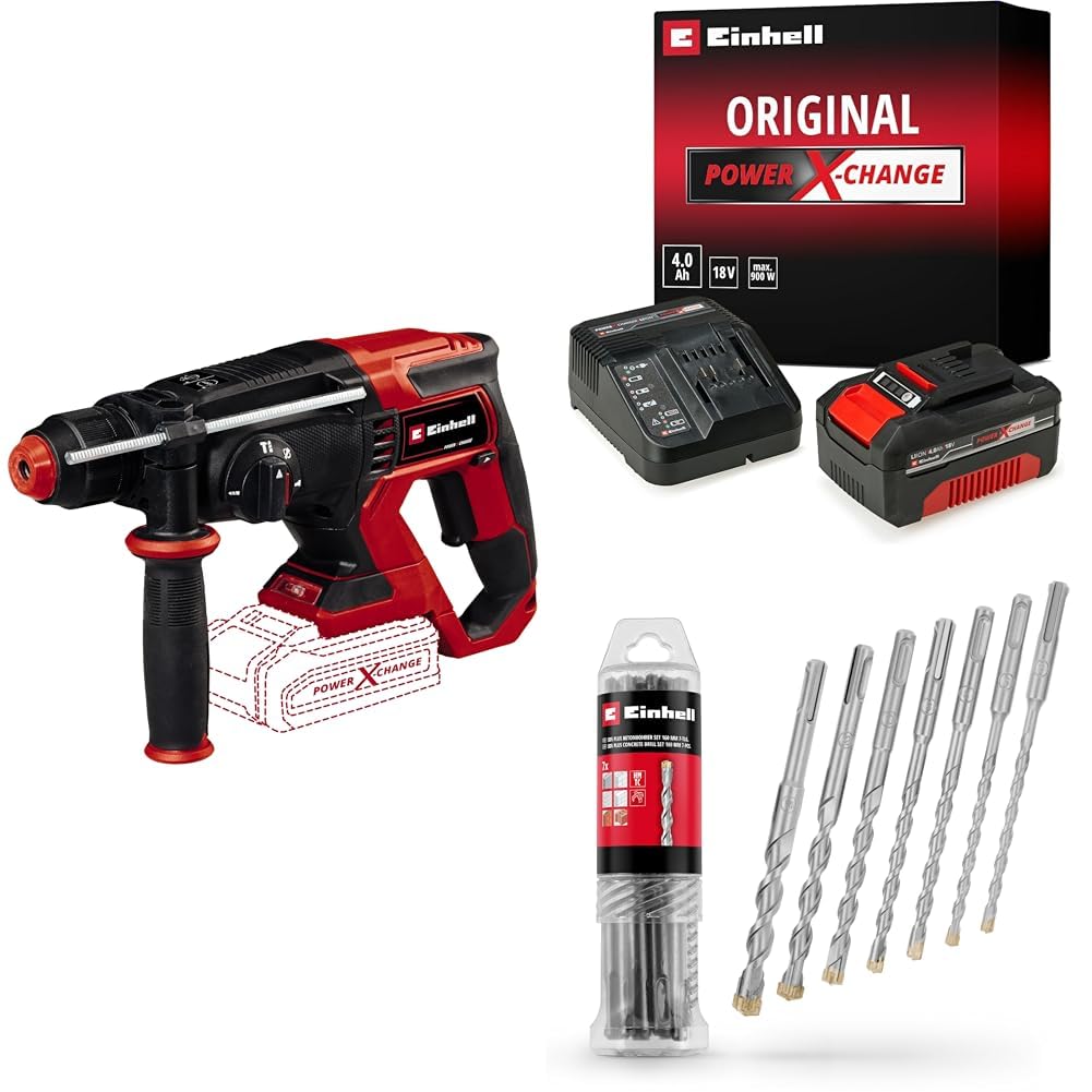 Einhell TE-HD 18/20 Li - Solo Akülü Pnömatik Matkap + 18V 4,0 Ah PXC Starter Kit, Akü ve Şarj Cihazı + SDS PLUS uç seti 7 parça, 6-14/160 mm