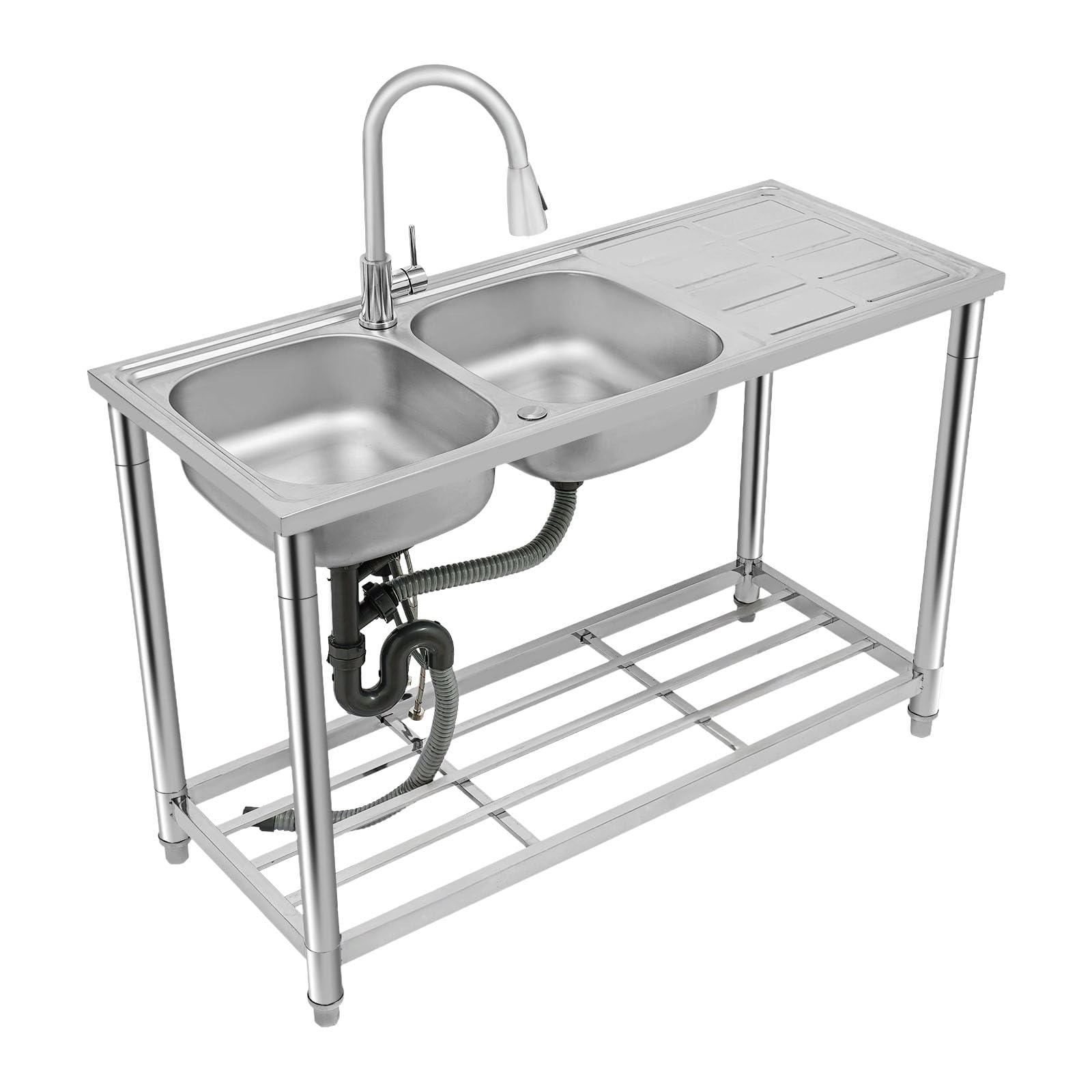 Fregadero de cocina independiente, 120 x 50 x 80 cm, de 2 cámaras, de acero inoxidable, con grifo extensible de 360 ° y lado de estante, patas ajustables para cocina, restaurante, garaje, plateado