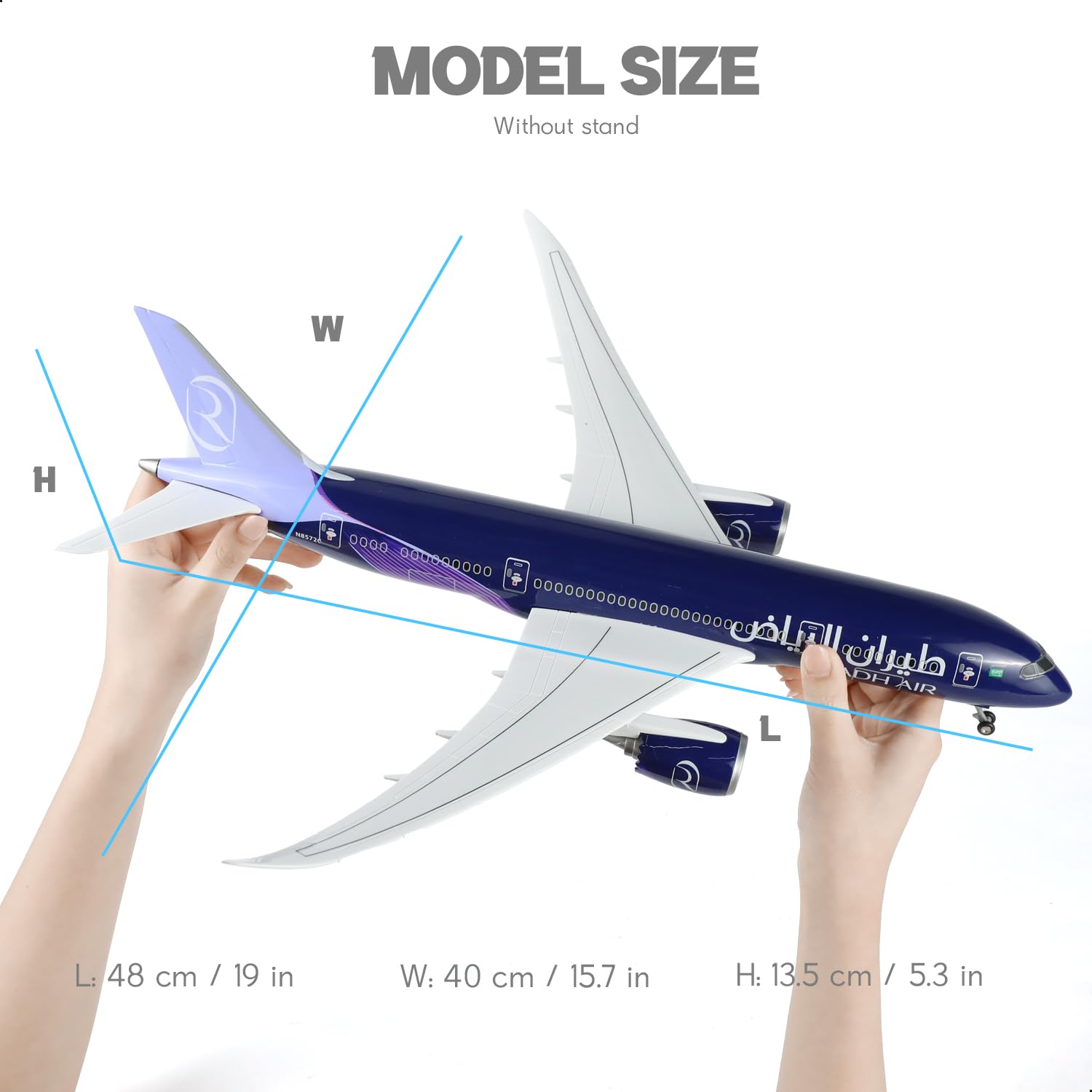 QIYUMOKE 1/130 Riyadh 787 Modello di aereo con supporto (lunghezza 43 cm) per Boeing 787, modello di aereo in resina per adulti, regalo souvenir per appassionati di aviazione