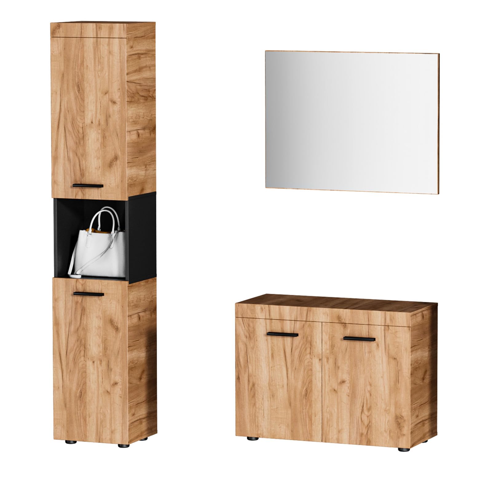 HAUSPROFI 5-teiliges Garderobenset, Flurgarderobe mit Spiegel, Doppeltür-Schuhschrank, Langer Schuhbank, Kleiderschrank und Stauraumschränken, Holzoptik, für Flur und Bad