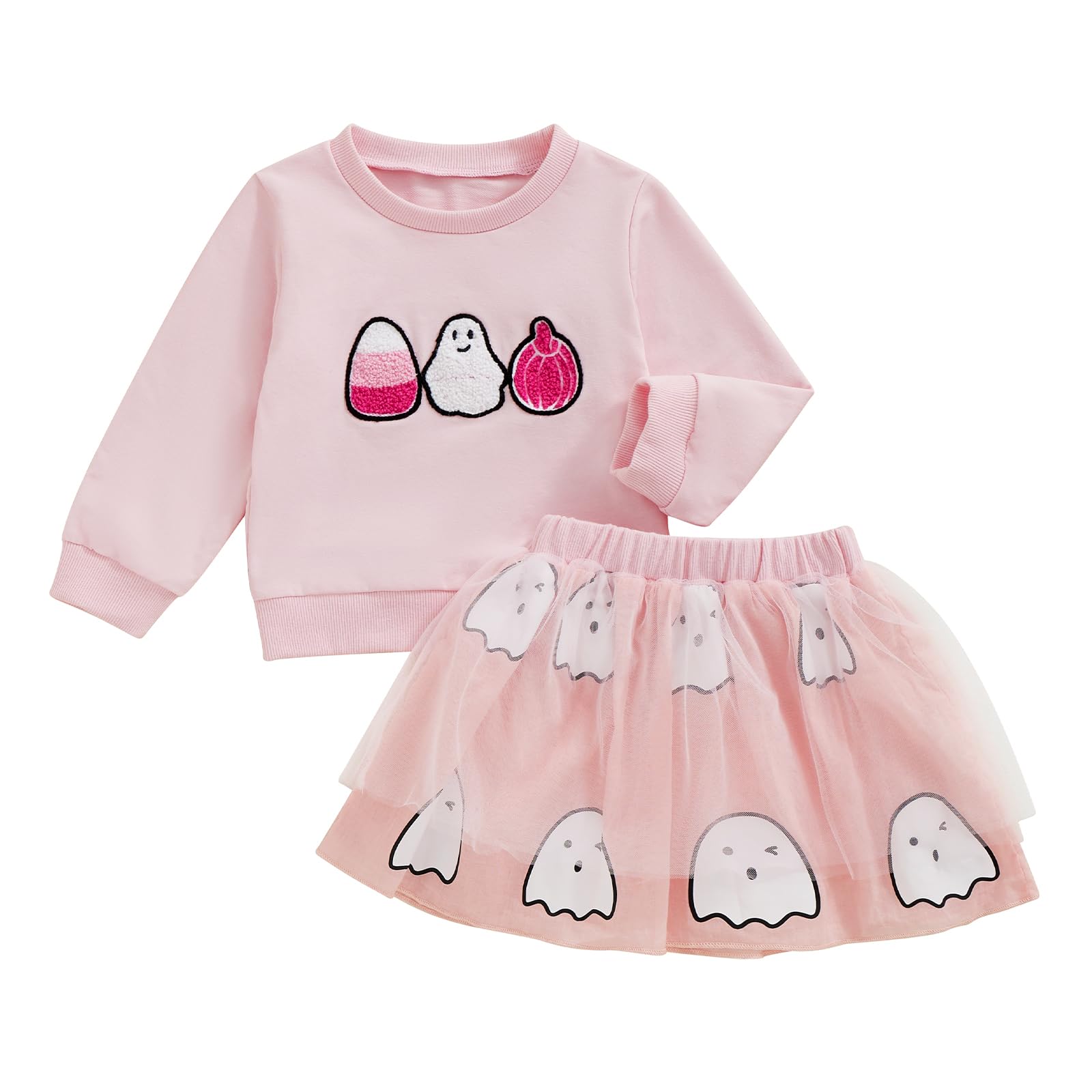 Rtnnsbbfcm Toddler Baby Girl Halloween Outfit Long Sleeve Bat Letter Print Sweatshirt Tulle Tutu Skirt 2Pcs Set (Pink Ghost, 3-6 Months)