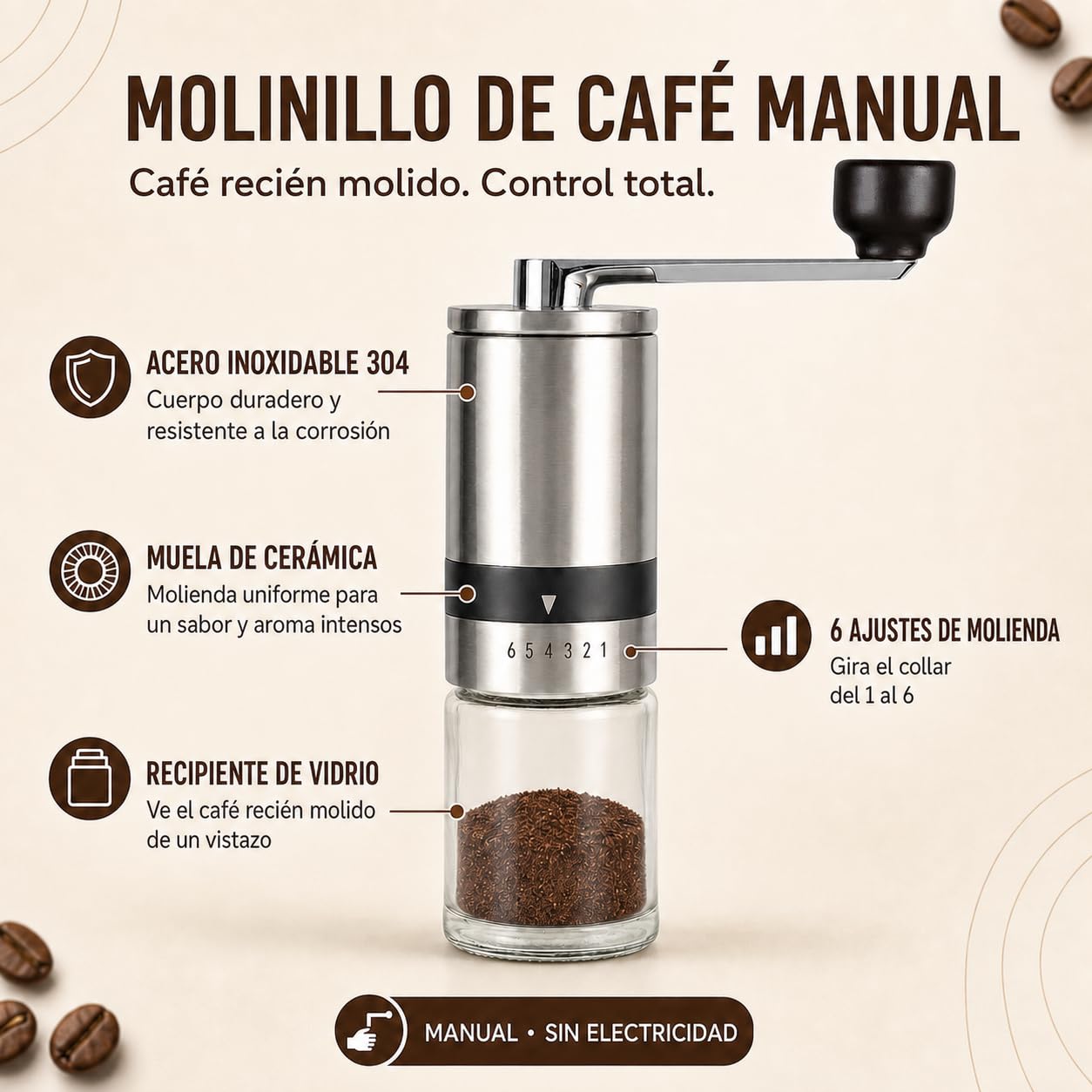 Molinillo de café manual plateado con 2 recipientes de cristal | Molinillo de cerámica de acero inoxidable para café expreso, café de filtro, prensa francesa, camping