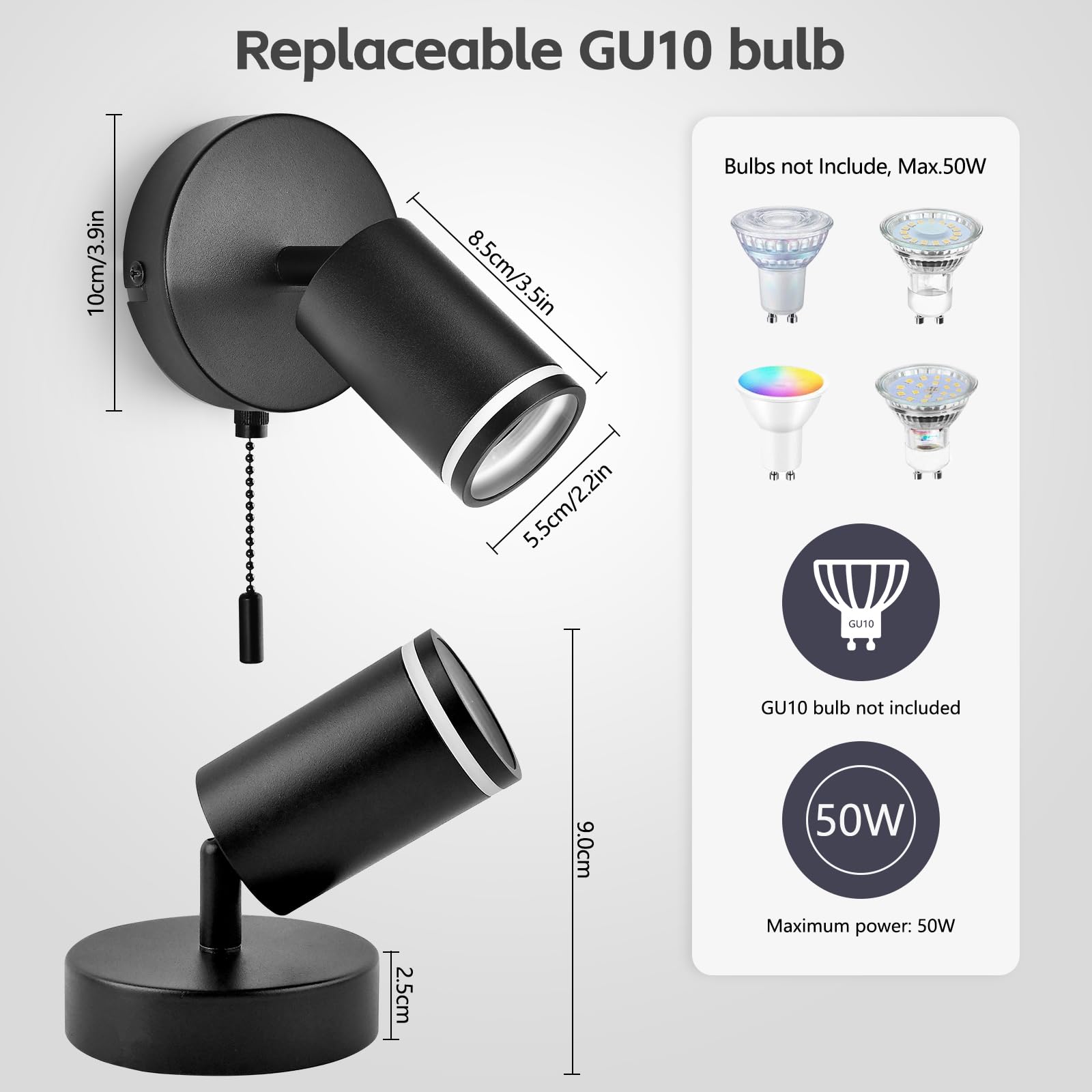 Applique Da Parete Con Interruttore | Orientabile 350°+90° | GU10 | Bianco Opaco - Foto 9