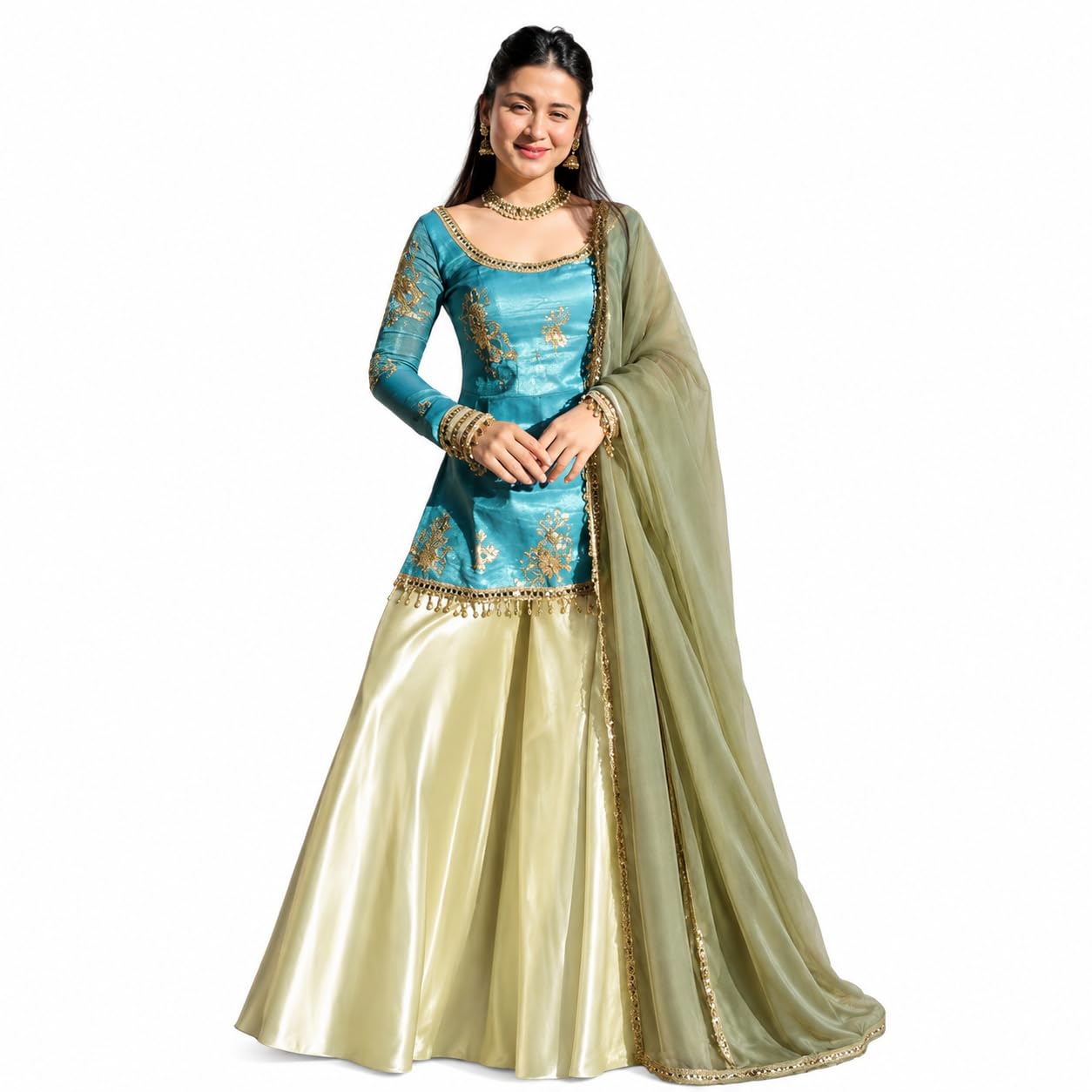 sworny fashion Women’s Premium Fendy Silk Embroidered Suit Set with Plazo, Real Mirror Work & Fancy Lace Dupatta for Wedding, Festive & Special Occasion Wear-picture-30