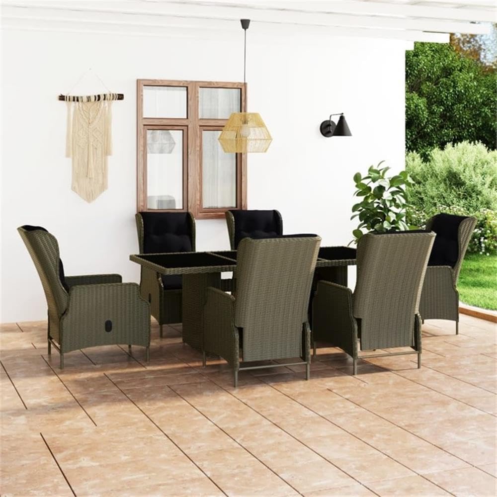 BOWERY HILL Contemporary Patio Dining Set, 6-Person Capacity, Weather-Resistant, Powder-Coated Finish, Brown Color, Rectangular Table and Chairs, Comfortable Cushions, Outdoor Garden or Terrace Use