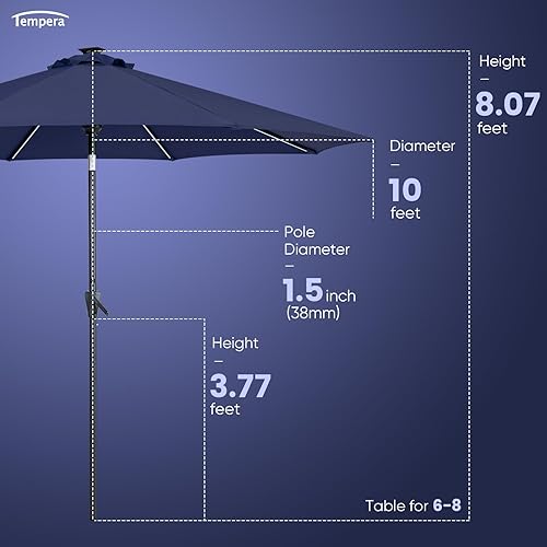 Miniatura 8 de Tempera Sombrilla de mesa para patio de 10 pies con luz LED solar con botón de inclinación y manivela, con poste resistente y toldo resistente a la