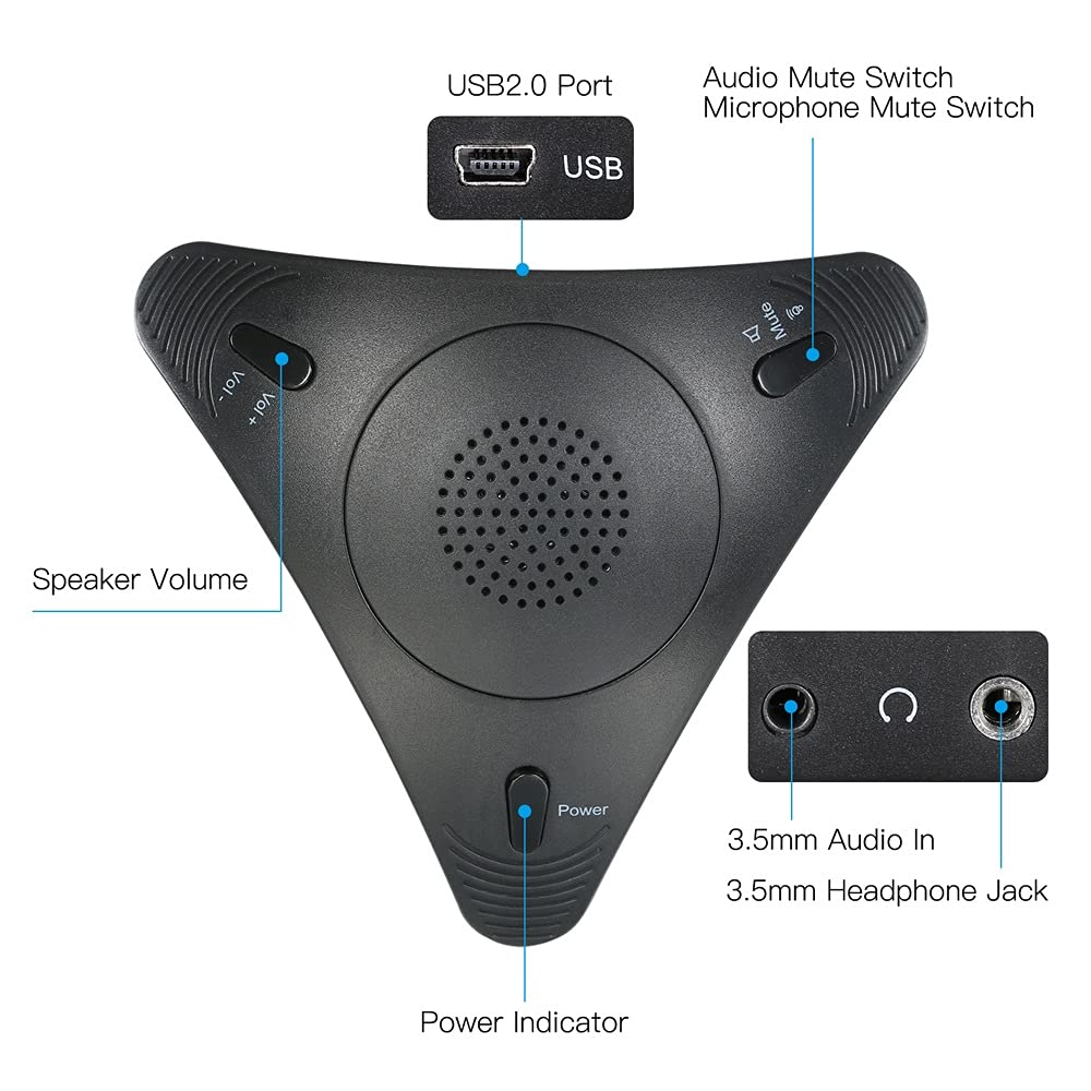 Microfono per conferenza USB Microfono omnidirezionale da Tavolo con Cavo Supporto per Altoparlante Integrato Controllo del Volume Funzione Muto