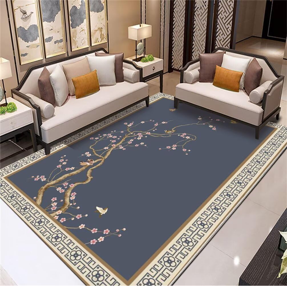 Tapis lavable 90x180 cm bleu au motif oriental antidérapant