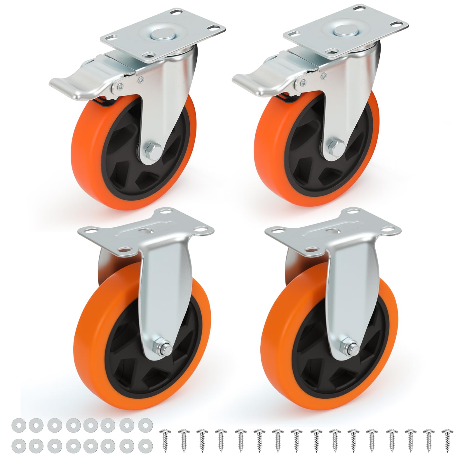 Nfbcxutkw 2 Rigid + 2 Locking Casters 4 Inch Heavy Duty Casters Set Of 4, 2 Rigid + 2 Locking, Orange Pu