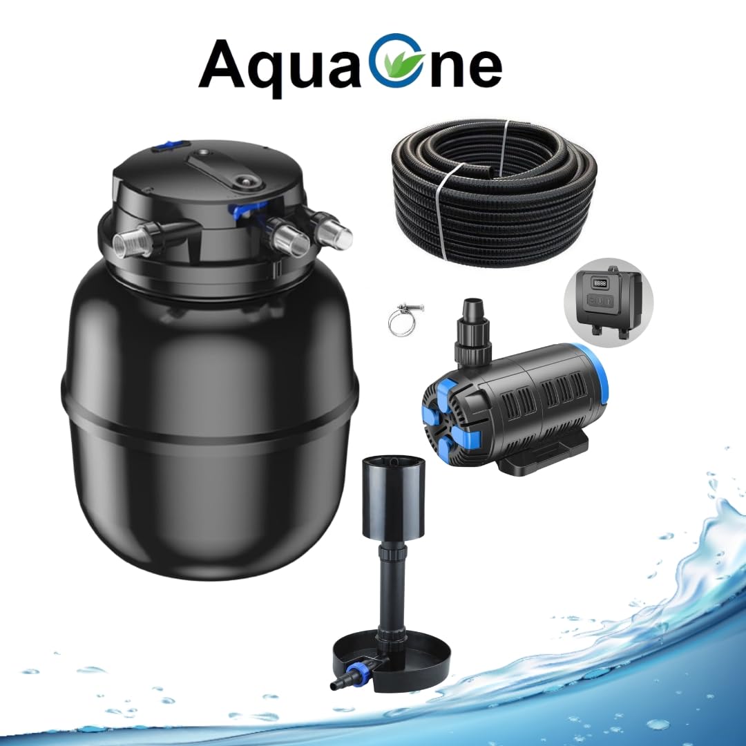 AquaOne Zestaw filtrów do oczka wodnego z pompą do stawu, pompa filtrująca CPU-50000 do stawu o pojemności do 80 000 litrów, kompletny zestaw z lampą UV, regulowana pompa Eco 37-180 W, skimmer, wąż do