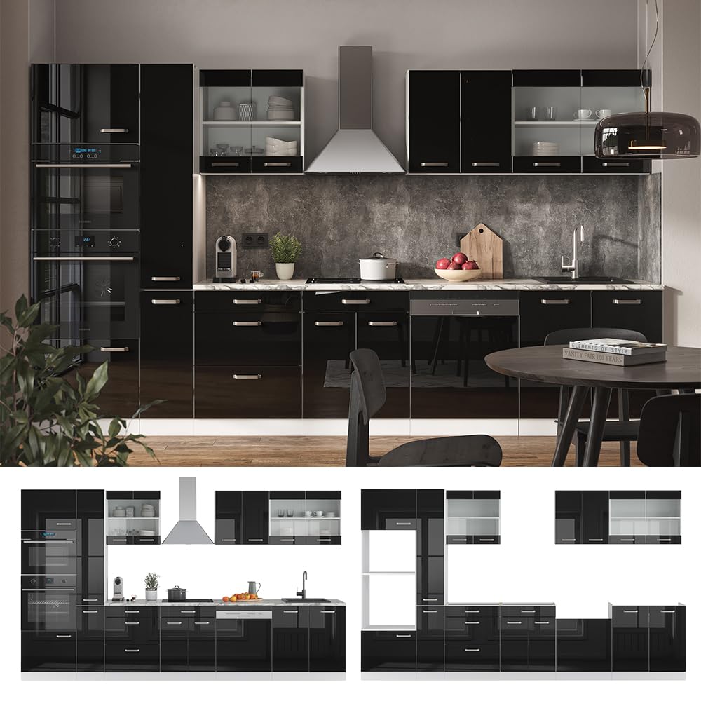 Vicco Cucina componibile R-Line, Nero lucido/bianco, 350 cm