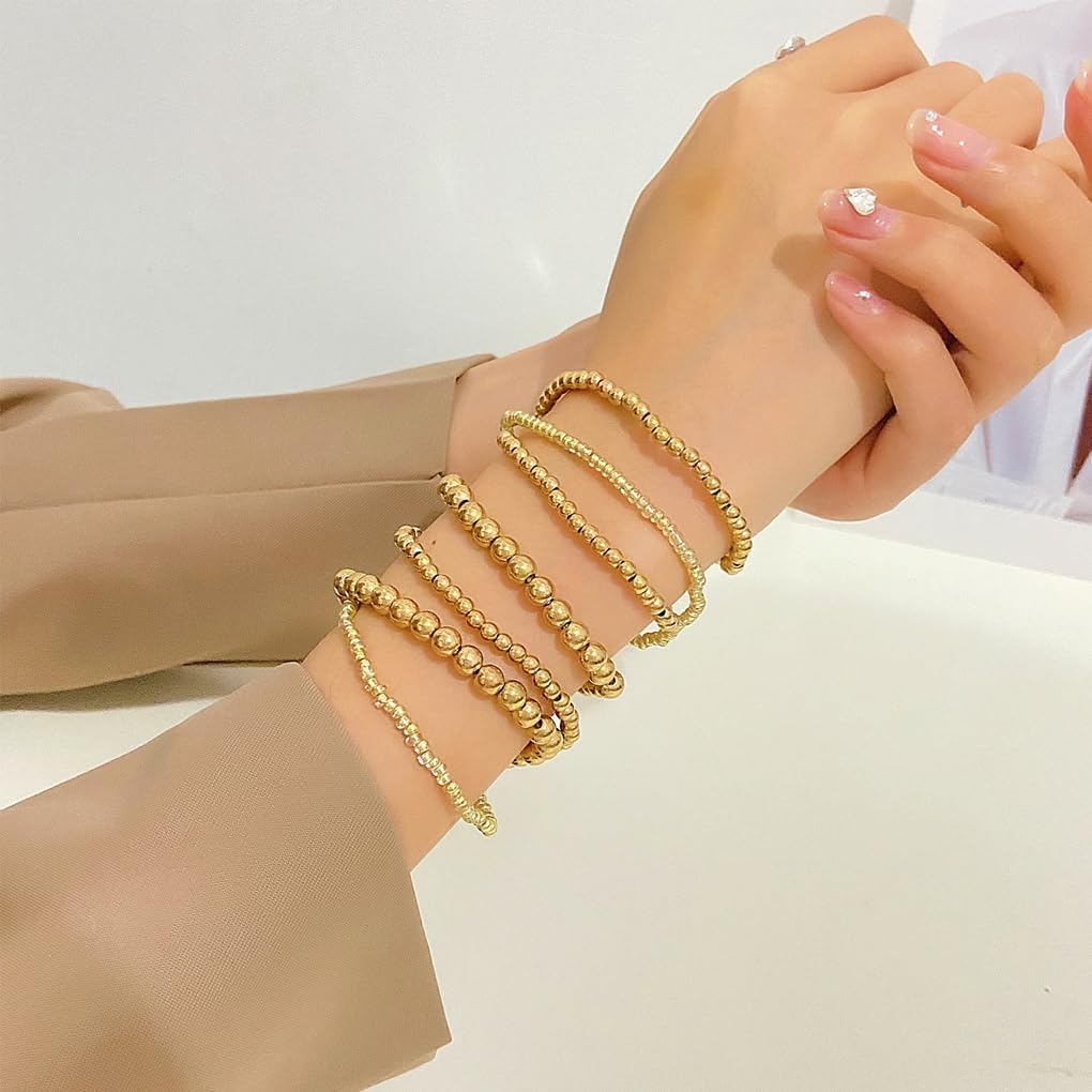 7Pcs Plated Gold Bead Bracelet Set,Minimalist Stackable Dainty Beaded Personalized Bracelet,Trendy Geometric Ball Statement Bangles for Women - Image 2