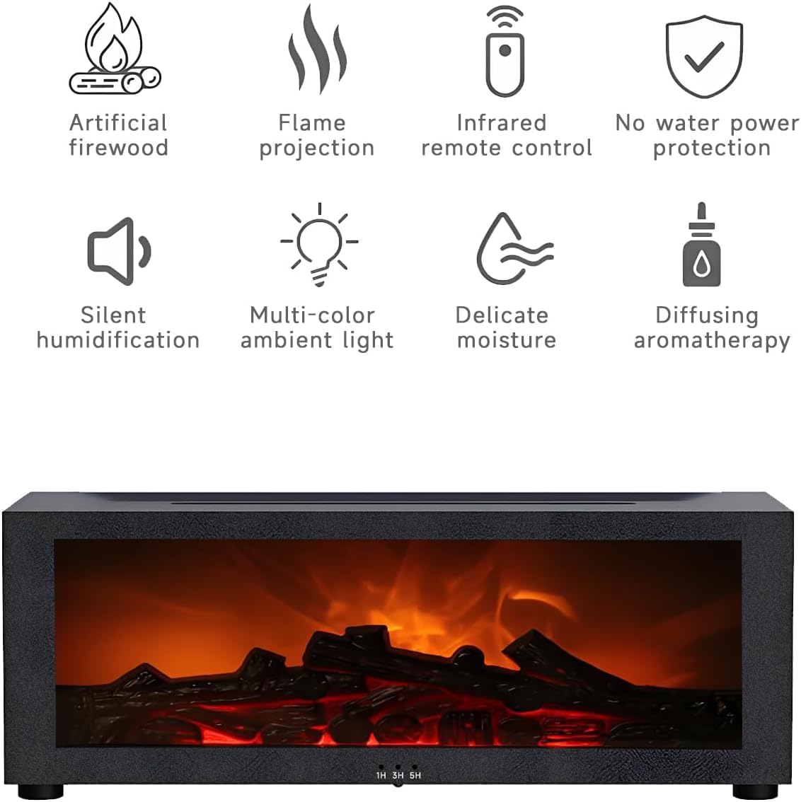 Qumox Diffusore di Aroma a Camino con Fiamma – Umidificatore ad Ultrasuoni 150ml con Luci LED a 7 Colori, Diffusore di Oli Essenziali, Telecomando, Spegnimento Programmato, Protezione Senza Acqua per