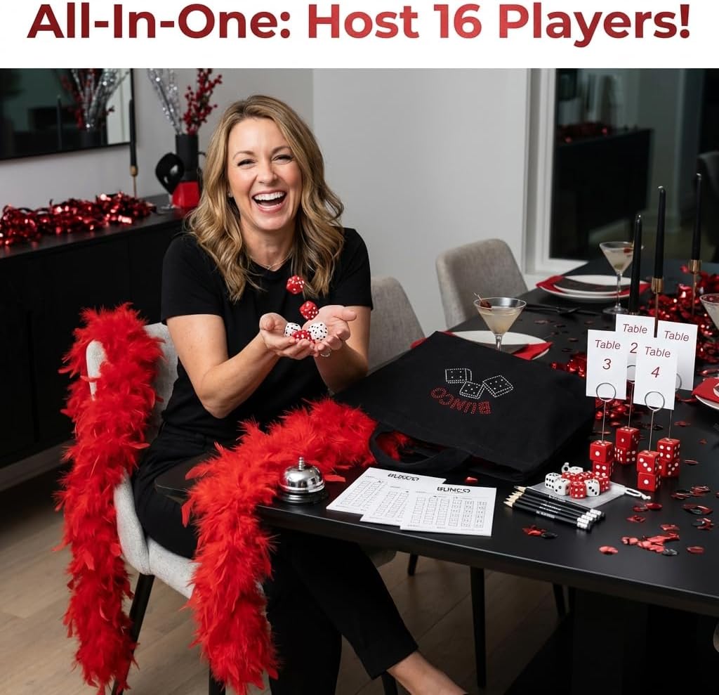 Bunco Game Kit for 16 Players with Black Rhinestone Tote – Complete Bunco Set with Dice, Table Number Stands, Bell, Score Sheets, Pencils & Red Feather Boa – Premium Bunco Party Kit