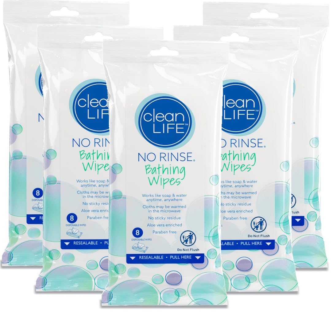 Cleanlife No-Rinse Bathing Wipes (5 Packs of 8) - 40 Disposable Body Wipes | Cleansing Bath Wipes for Adults, Elderly, Camping, Hospital | Rinse-Free Personal Care for Travel, Bedridden, Dementia
