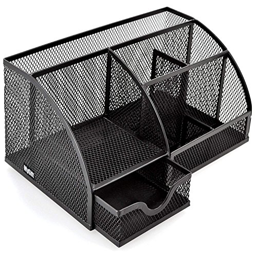 SUKHAD 6 Compartment And 1 Drawer Metal Desk Organizer, 12.5 X 22 X 14.2 cm, Black