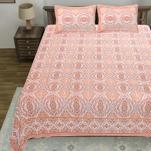 Image of Living Roots Jaipuri Hand Block Print Double Cotton Bedsheet & 2 Pillow Covers, for Mattress Upto 8 inches Thick, No Colour Bleeding, Pink Colour, Super King Size 96 * 104 inches, 150TC (579-A)