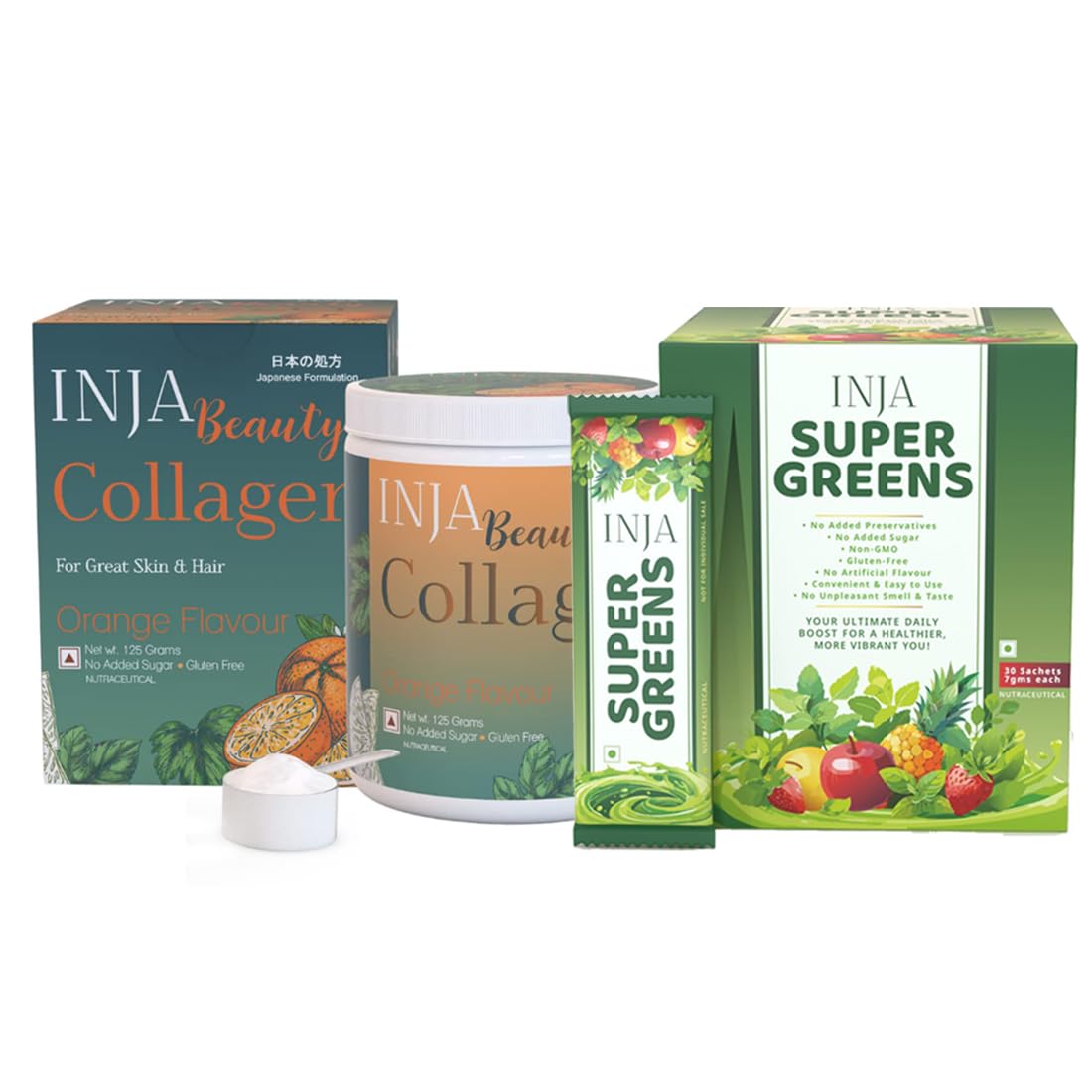INJA Beauty Marine Collagen Powder, Orange Flavour - 125g + Super Greens 30 Sachets Combo, Japanese Collagen with Vitamin C & 40+ Vitamins, Minerals, Skin, Hair, Joints, Immunity, Energy & Gut Health-image-42