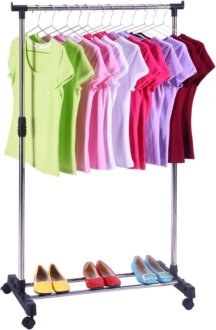 Single Rod Garment Rack with Adjustable Rails,Commercial Grade Clothes Drying Rack,Stainless Steel & Chrome with Wheels,with Gloves for