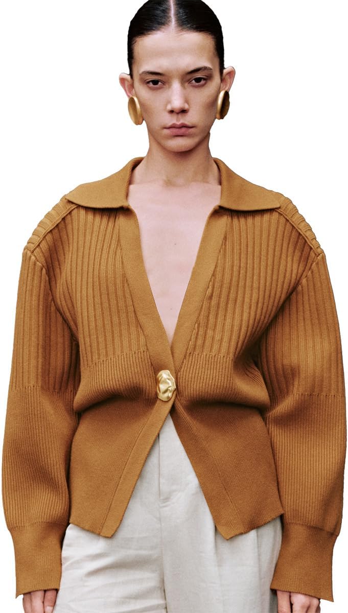 URBAN REVIVO Women's Cardigan V-Neck Lapel Long Sleeve Knitted Cropped Casual Sweater with Metal Button 2025 - Image 6