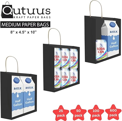 Miniatura 3 de Qutuus Bolsas de regalo de papel negro con asas, 50 piezas de 8 x 4.75 x 10.5 pulgadas, bolsas de papel kraft negras con asas, bolsas de compras a