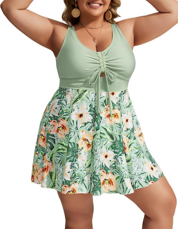 Hanna Nikole Plus Size Tankini Sets for Women Two-Piece Swimsuits Drawstrings Keyhole Swim Dress with Swim Shorts Tummy Control Swimwear Modest Swimmming Costume Bathing Suits