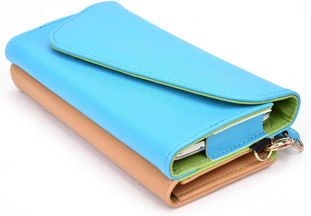 Kroo Clutch Wallet with Wristlet and Crossbody Strap for Smartphones or Phablets up to 5.7 Inch - Carrying Case - Frustration-Free Packaging - Light Blue and Brown