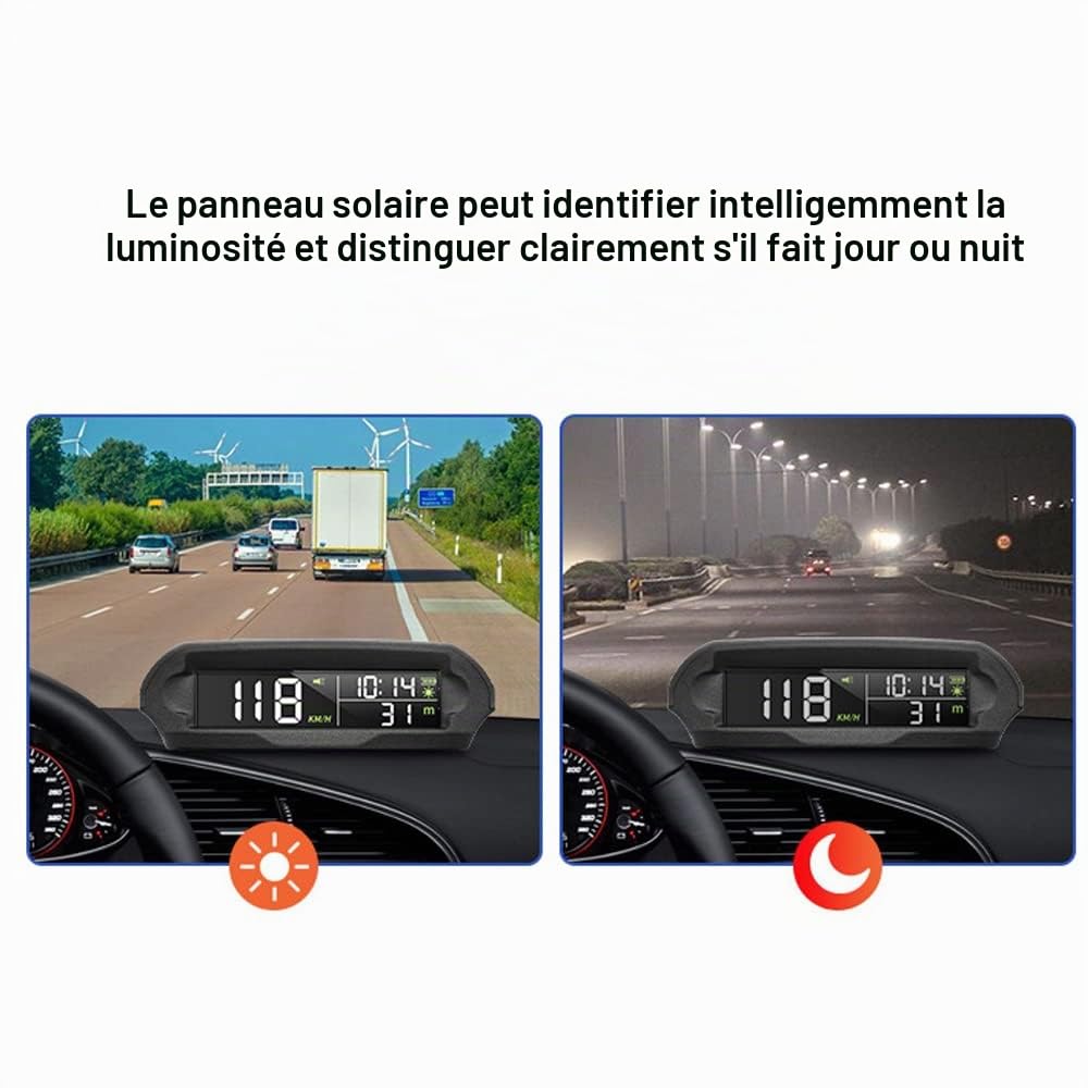affichage tête haute,ERYUE Compteur de vitesse numérique GPS solaire avec affichage tête haute HUD sans fil de voiture avec alarme de survitesse à écran LCD KMH/MPH affichage du temps/altitude/tempér