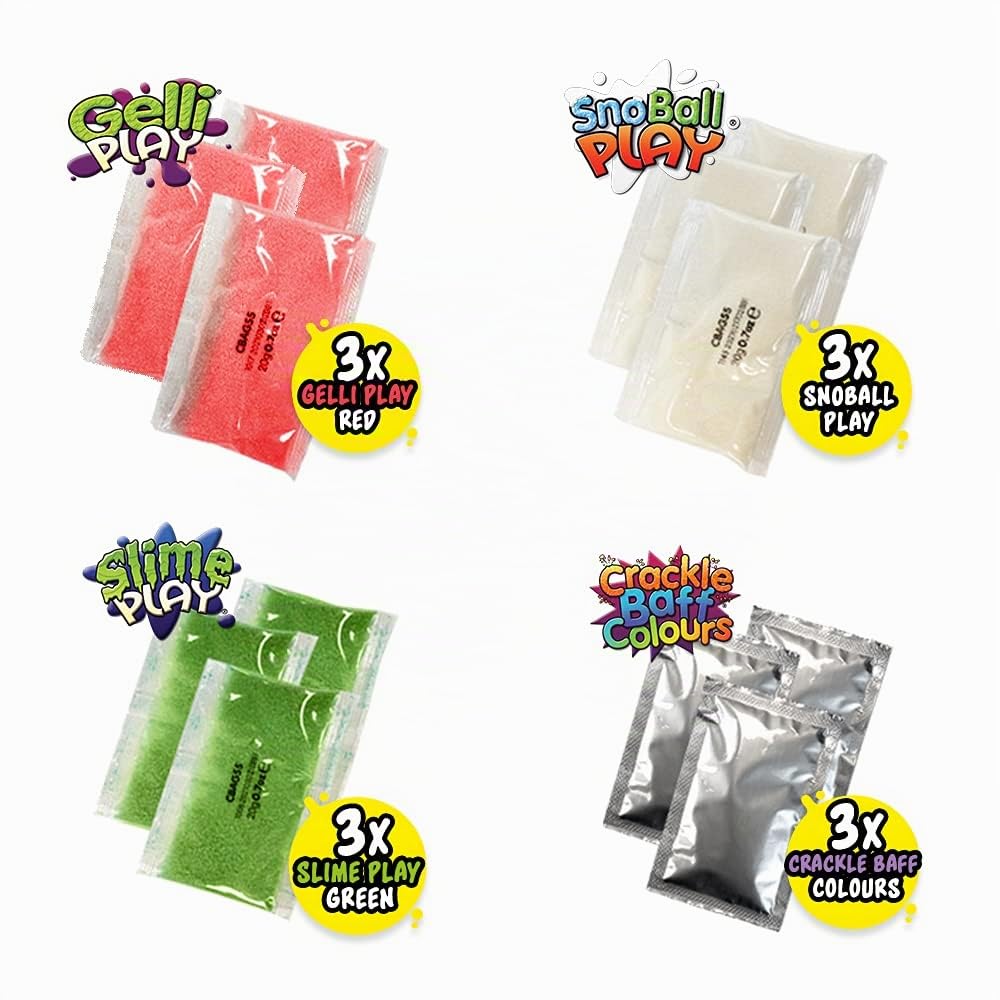 ZIMPLI - Confezione Mega Play da 12 utilizzi, 3 x Gelli Play, 3 x Slime Play, 3 x Snoball Play e 3 x Crackle Baff, Giocattolo sensoriale per Bambini, Gioco Creativo Fai-da-Te, Regalo di Natale