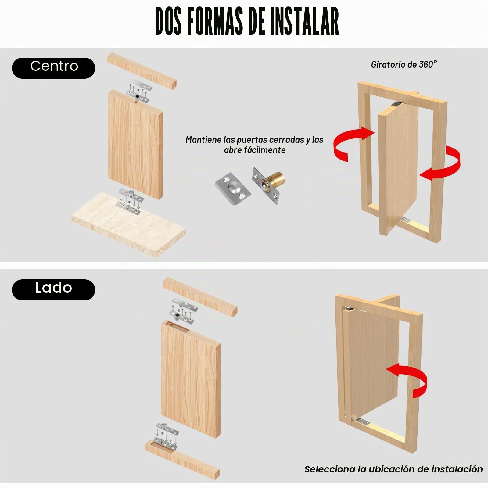 Bisagra de puerta oculta, bisagras pivotantes de acero inoxidable, resistentes, rotación de 360°, hasta 136 kg, plata