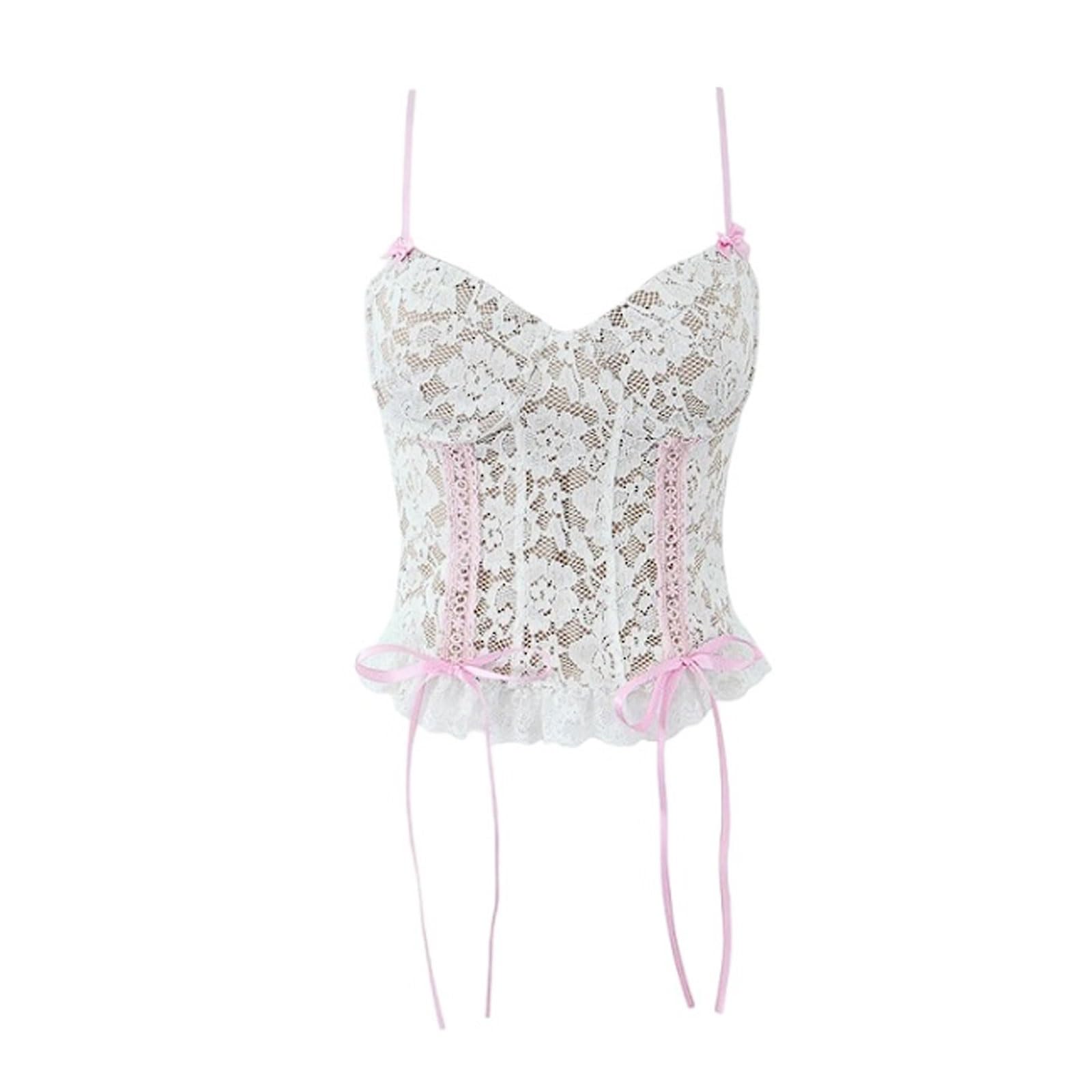 Top Halter con Adornos de Encaje, Lazo, Ojales y Detalles Amarre Camisola Ajustada sin Tirantes Dobladillo Irregular Blanco Cinta Rosa