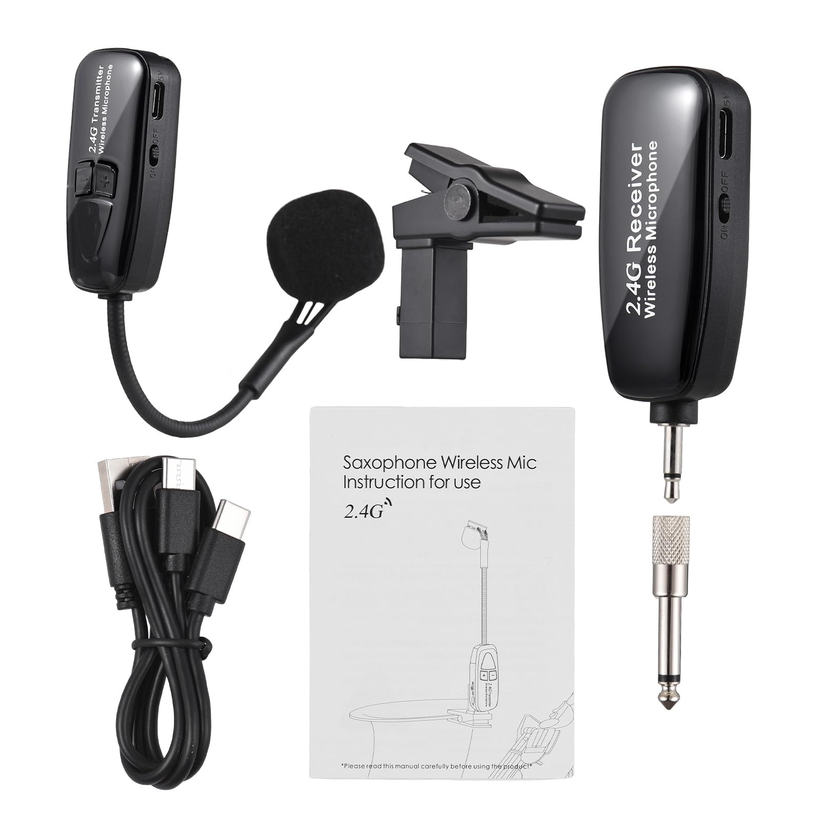 Microfono senza fili per Sax 2.4G Riduzione del Rumore Spettacoli Palcoscenico per Strumenti Musicali, Ricevitore e Trasmettitore Wireless per Sassofone/Tromba/Trombone/Clarinetto