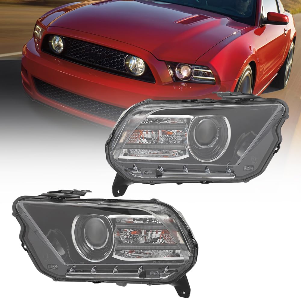 For 2013 2014 Ford Mustang HID Driver and Passenger Side Headlights Assembly w/LED DRL w/o AFS Black Housing Replaces DR3Z13008C DR3Z13008D Head Lamps