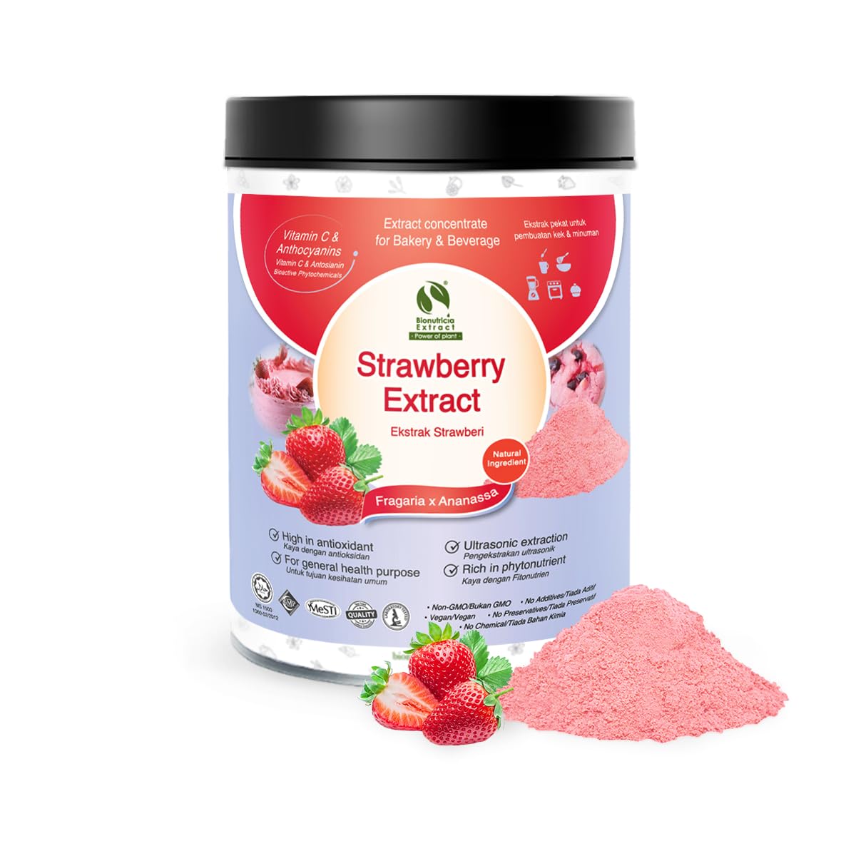 Bionutricia Strawberry Extract Powder 20:1 – No Sugar Added, Rich in Vitamin C & Antioxidants, Great for Smoothies, Baking & Drinks, Vegan, Non-GMO,