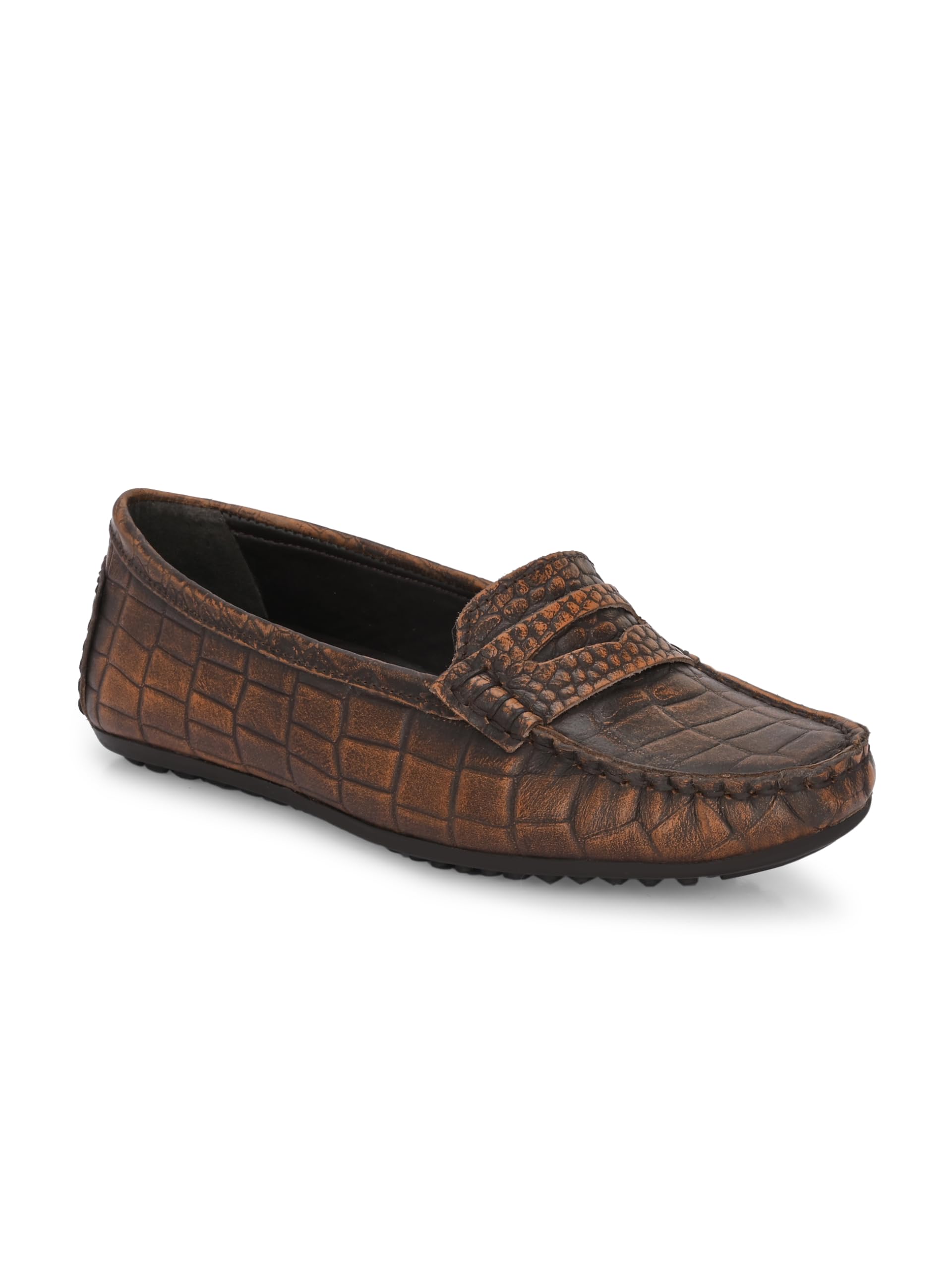 Women's Leather Penny Loafer Moccasin, Croc-Embossed, Slip-On Flat Brown-image-47