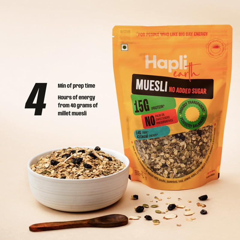Image of Hapli Earth 6 Millet Muesli No Added Sugar | 15g Protein, High Fibre | Healthy Breakfast Cereal with Rolled Oats, Almonds, Black Raisins & 4 Seeds | No Palm Oil, No Preservatives | 400g