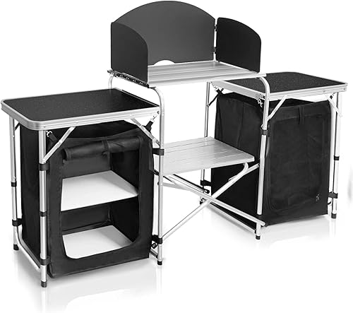 CampLand Mesa de cocina plegable al aire libre, estación de cocina portátil de aluminio para acampar con organizador de almacenamiento, parabrisas,