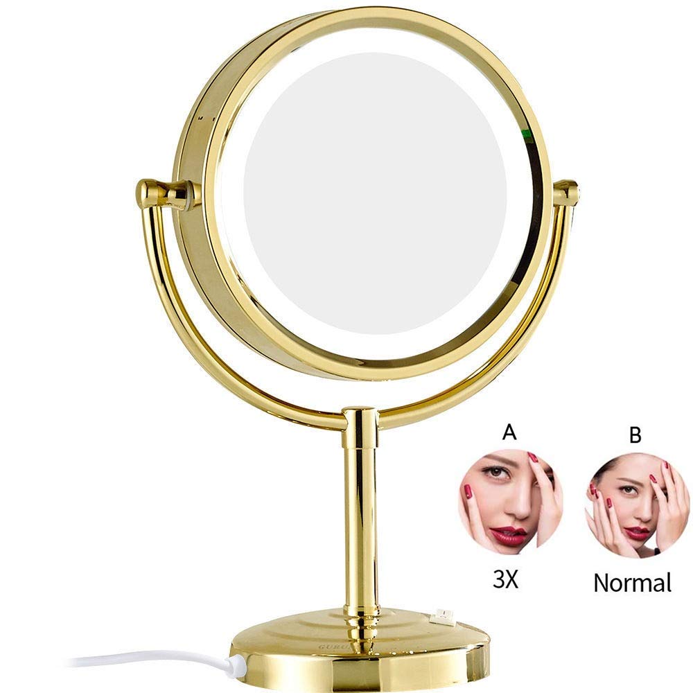 SHAUNI Espejos De Maquillaje De Encimera, Luces LED De Doble Cara De 8.5 Pulgadas Espejo De Aumento Cosmético De Pie Dorado Ajustable De Latón con Enchufe E Interruptor,3X