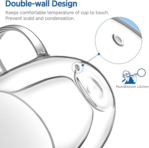 Miniatura 3 de glastal Tazas de café de vidrio de doble pared de 5 onzas, tazas de té con mango y platillo, juego de 2 tazas de jugo de leche en forma de corazón,