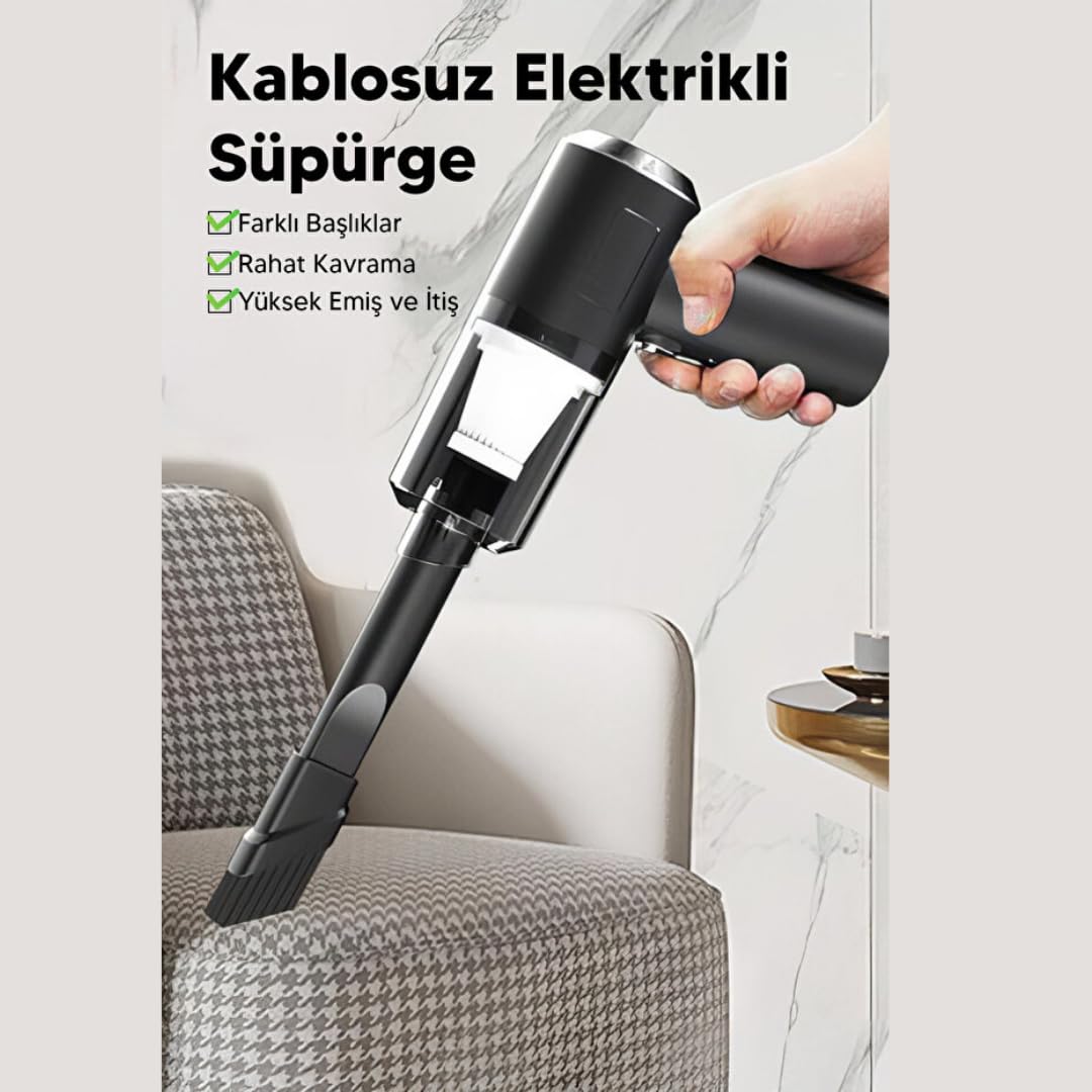 Araç Oto Süpürgesi Şarjlı 120W 6.000Pa – Üfleme Özellikli Mini El Süpürgesi Oto Ofis Klavye Kasa Vakum Şişirme Seti