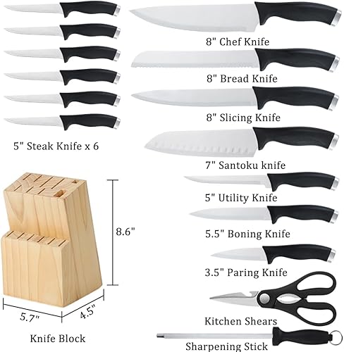 Miniatura 2 de Juego de cuchillos de cocina de 16 piezas con bloque y afilador, cuchillos ultra afilados de acero inoxidable de alto carbono para cocina, 6